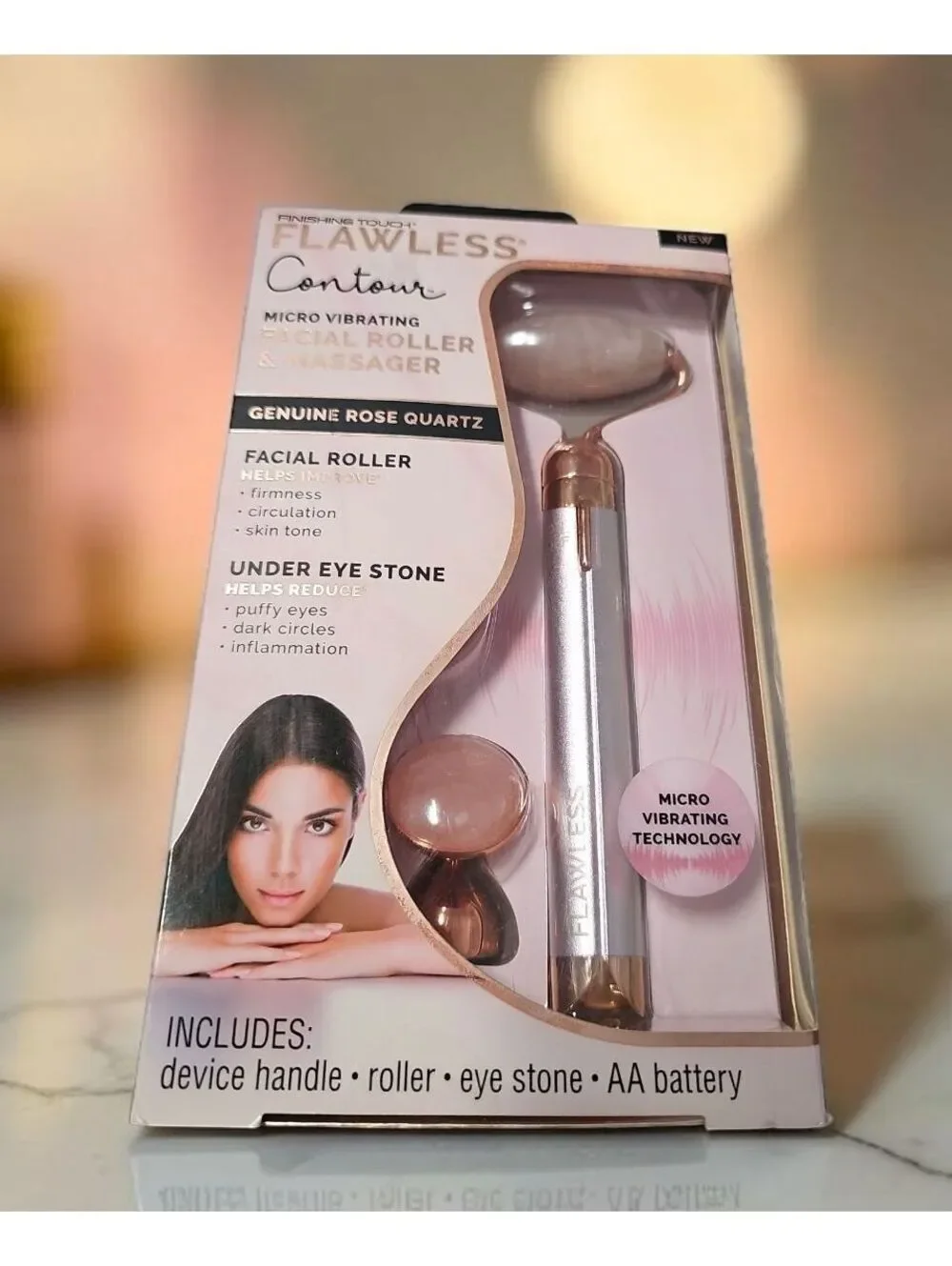 Flawless Contour Micro Vibrating Facial Roller & Massager w/ Genuine Rose Quartz